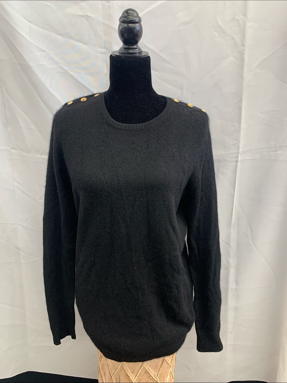Black Crewneck Sweater with Gold Shoulder Buttons